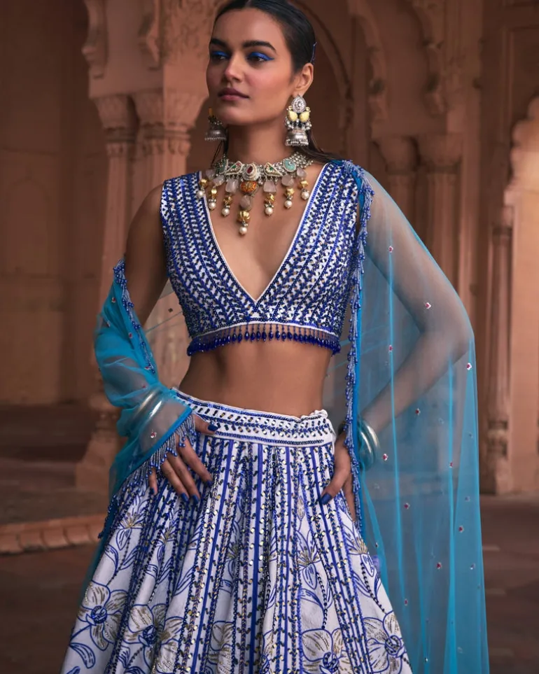 Indigo Blue Floral Frame Print and Embroidered Lehenga Set