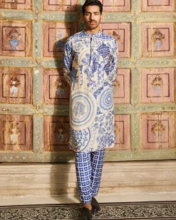 Indigo Blue Thikri Print and Highlighted Kurta Set
