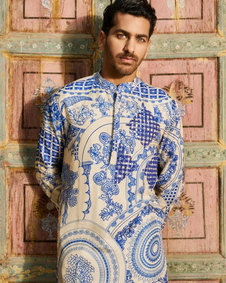 Indigo Blue Thikri Print and Highlighted Kurta Set