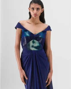 Ink Blue Metallic Micro Pleated Structured Gown