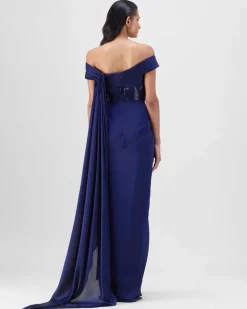 Ink Blue Metallic Micro Pleated Structured Gown