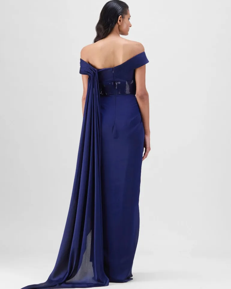 Ink Blue Metallic Micro Pleated Structured Gown