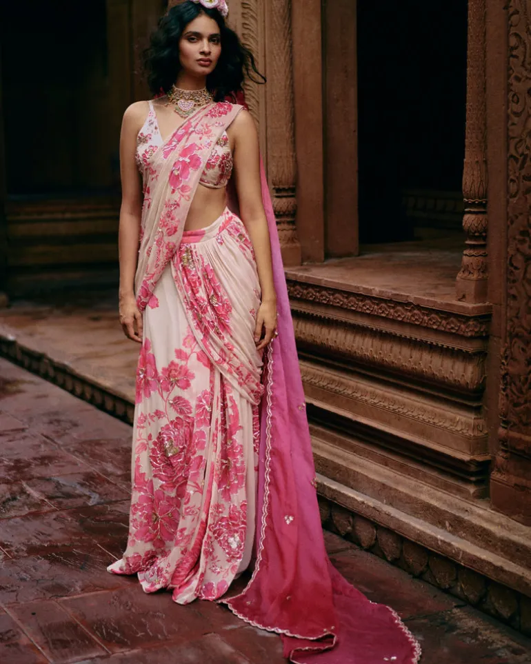 Ivory Abstract Floral Pre-Stitched Sari Set