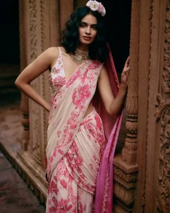 Ivory Abstract Floral Pre-Stitched Sari Set