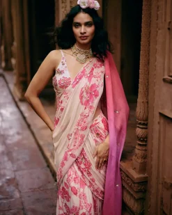 Ivory Abstract Floral Pre-Stitched Sari Set