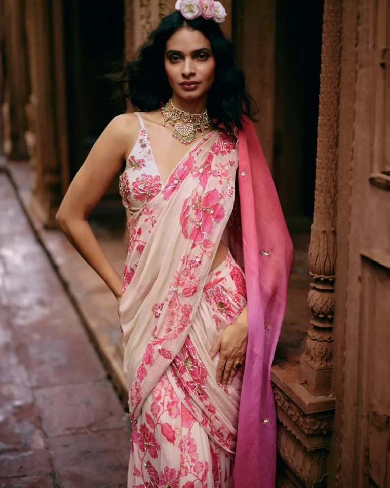 Ivory Abstract Floral Pre-Stitched Sari Set