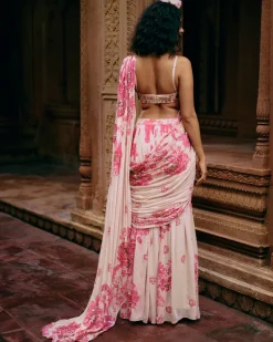 Ivory Abstract Floral Pre-Stitched Sari Set