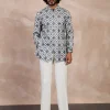 Ivory & Charcoal Dice Front Open Edge Cut Kurta Set