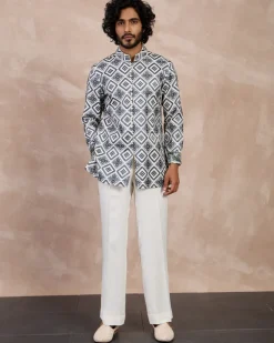 Ivory & Charcoal Dice Front Open Edge Cut Kurta Set