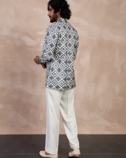 Ivory & Charcoal Dice Front Open Edge Cut Kurta Set