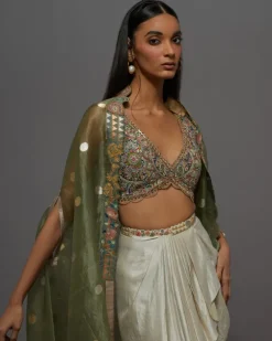 Ivory & Green Drape Skirt Set