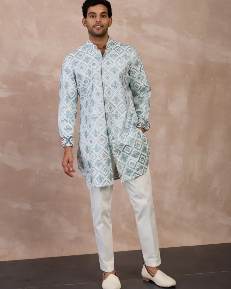 Ivory & Powder Blue Dice Front Open Edge Cut Kurta Set