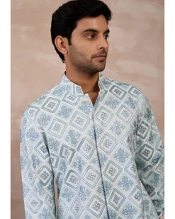 Ivory & Powder Blue Dice Front Open Edge Cut Kurta Set