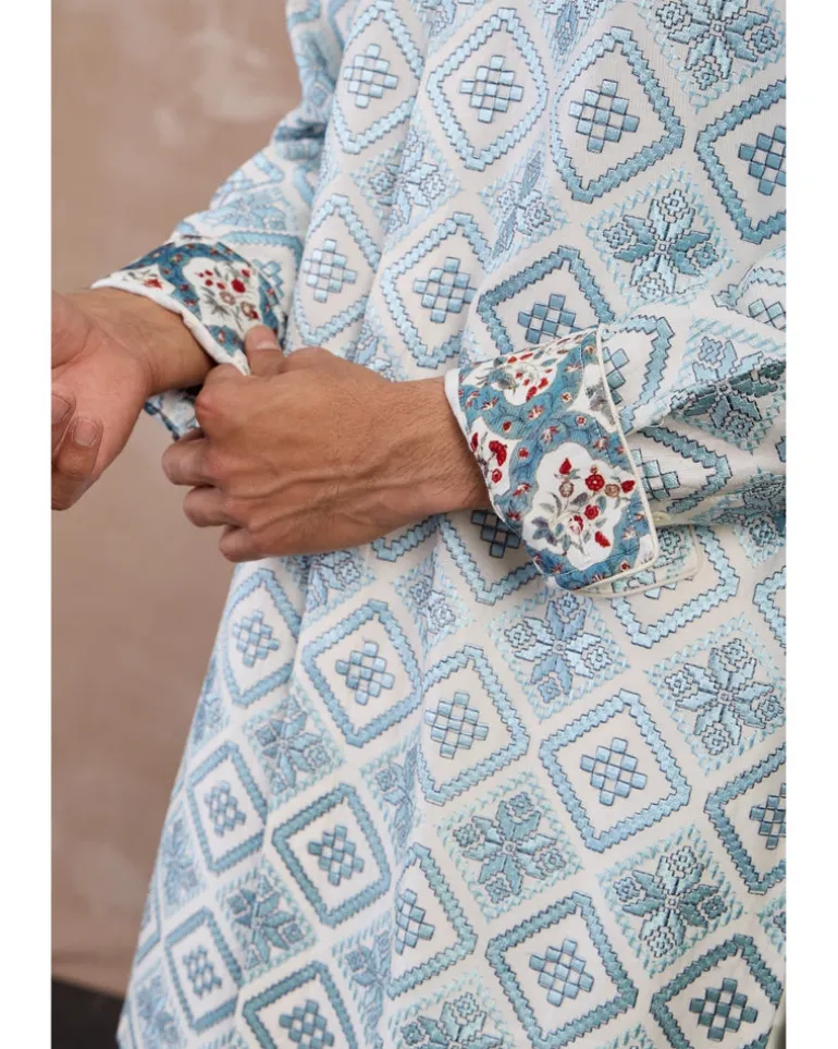 Ivory & Powder Blue Dice Front Open Edge Cut Kurta Set