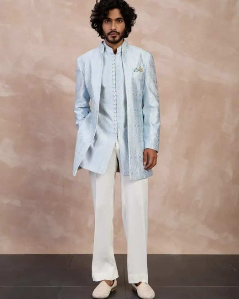 Ivory & Powder Blue Maze Open Bandhgala Set