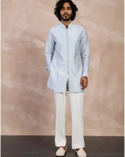 Ivory & Powder Blue Maze Open Bandhgala Set