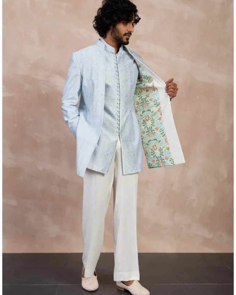 Ivory & Powder Blue Maze Open Bandhgala Set