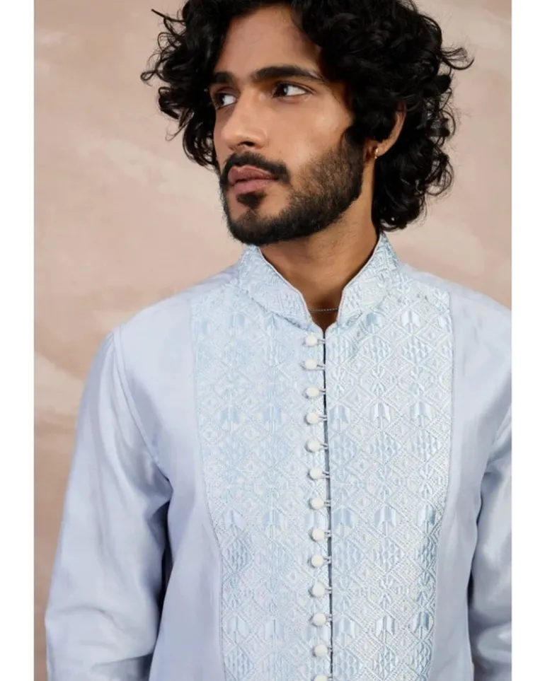 Ivory & Powder Blue Maze Open Bandhgala Set
