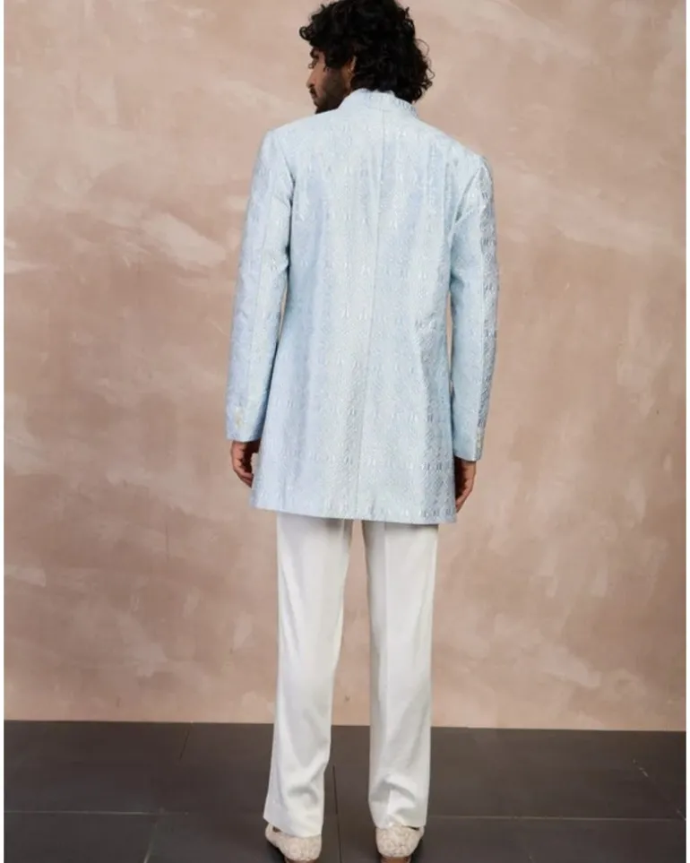 Ivory & Powder Blue Maze Open Bandhgala Set