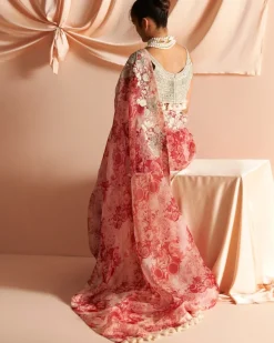 Ivory & Red Embroidered Blossom Sari