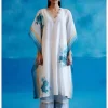 Ivory And Blue Silk Chanderi Hand-Painted Embroidered Kaftan Set