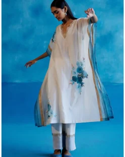 Ivory And Blue Silk Chanderi Hand-Painted Embroidered Kaftan Set