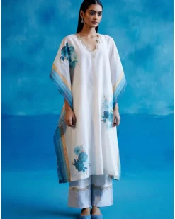 Ivory And Blue Silk Chanderi Hand-Painted Embroidered Kaftan Set