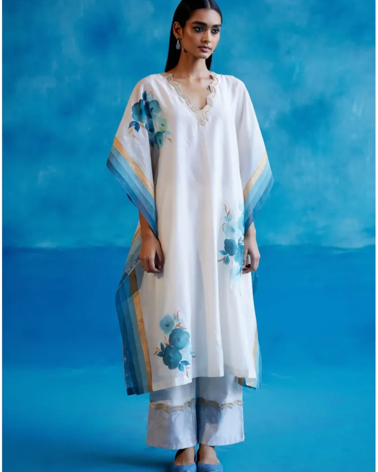 Ivory And Blue Silk Chanderi Hand-Painted Embroidered Kaftan Set