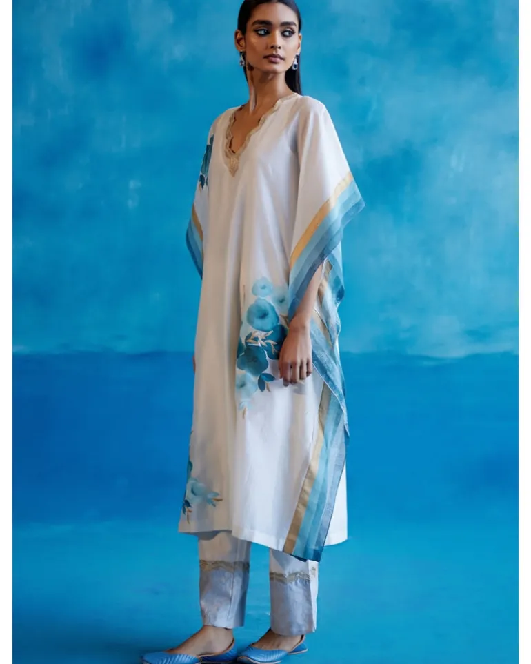 Ivory And Blue Silk Chanderi Hand-Painted Embroidered Kaftan Set
