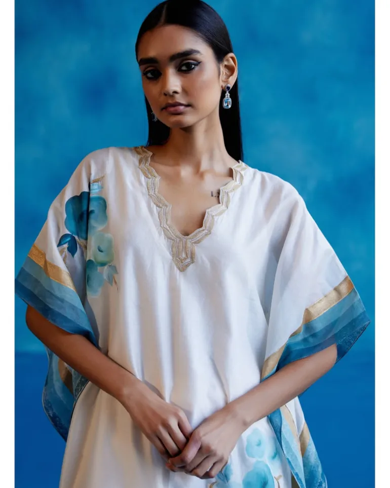 Ivory And Blue Silk Chanderi Hand-Painted Embroidered Kaftan Set
