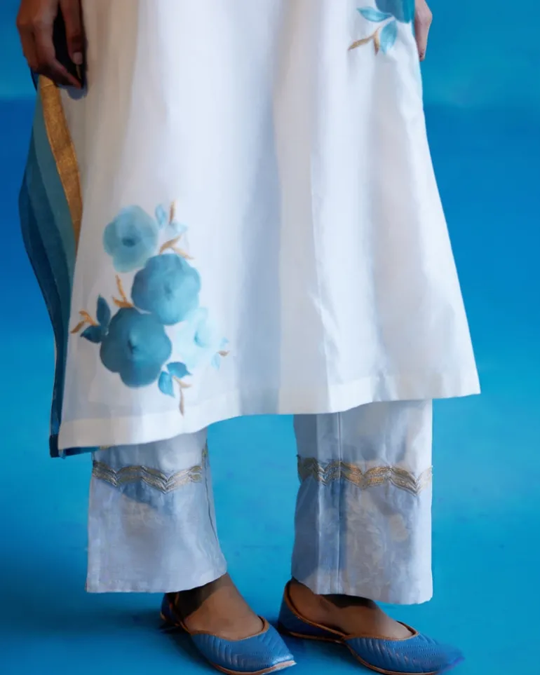 Ivory And Blue Silk Chanderi Hand-Painted Embroidered Kaftan Set