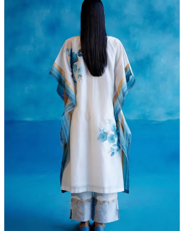 Ivory And Blue Silk Chanderi Hand-Painted Embroidered Kaftan Set