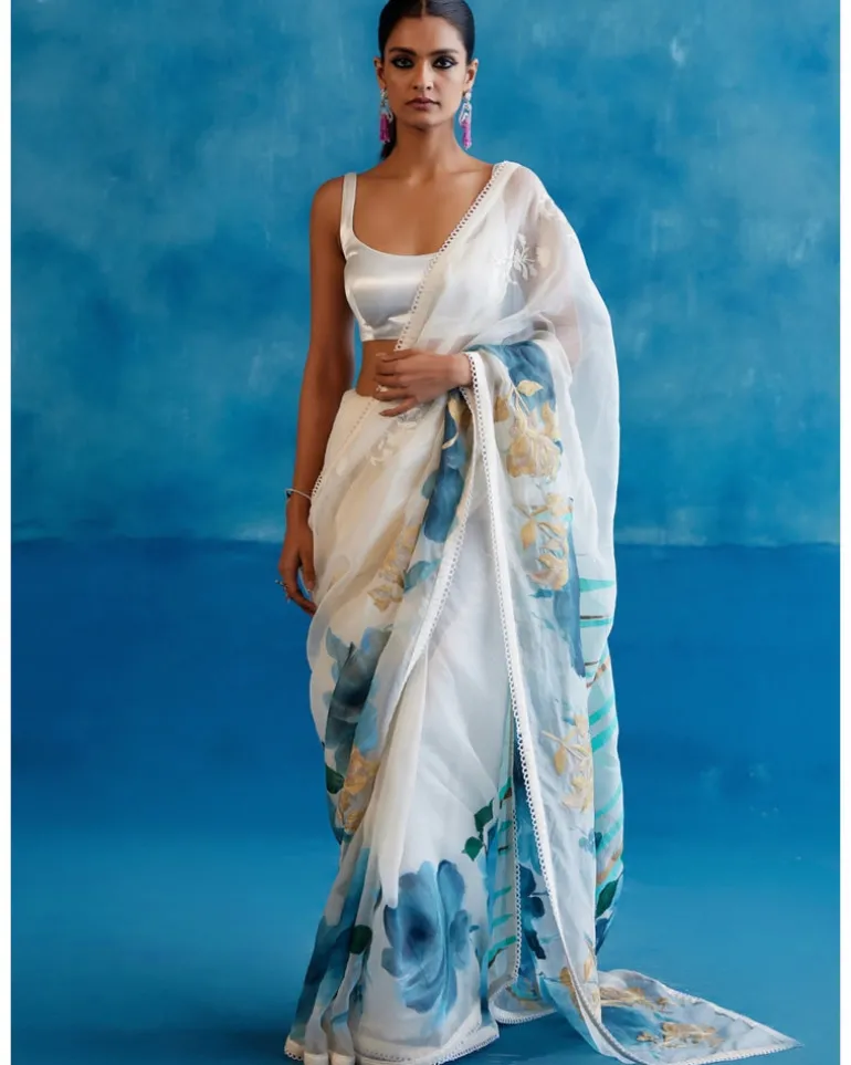 Ivory And Blue Silk Organza Hand-Painted Embroidered Sari