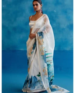 Ivory And Blue Silk Organza Hand-Painted Embroidered Sari