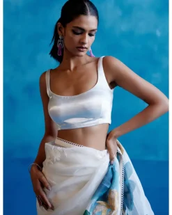 Ivory And Blue Silk Organza Hand-Painted Embroidered Sari