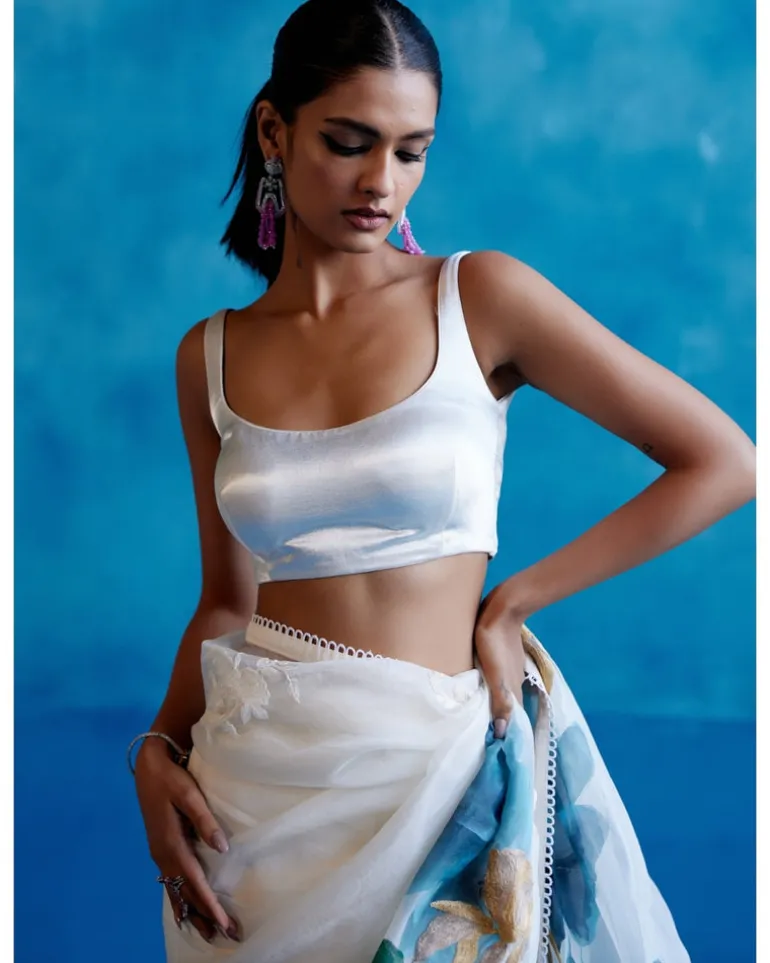 Ivory And Blue Silk Organza Hand-Painted Embroidered Sari