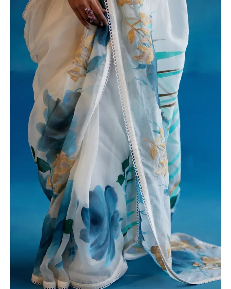 Ivory And Blue Silk Organza Hand-Painted Embroidered Sari