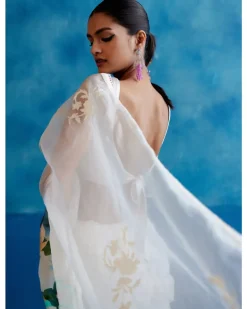 Ivory And Blue Silk Organza Hand-Painted Embroidered Sari