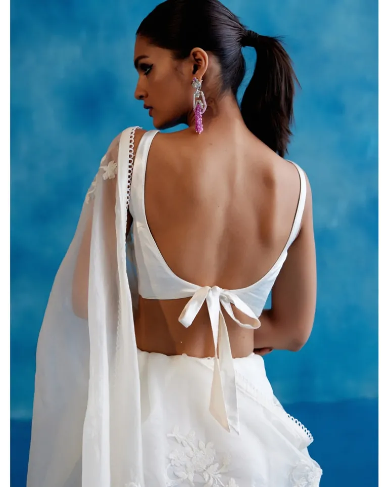 Ivory And Blue Silk Organza Hand-Painted Embroidered Sari
