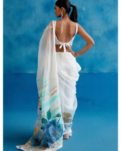 Ivory And Blue Silk Organza Hand-Painted Embroidered Sari