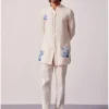 Ivory And Blue Stripe Silk Chanderi Hand-Painted Kurta Set