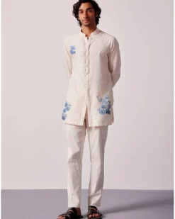 Ivory And Blue Stripe Silk Chanderi Hand-Painted Kurta Set