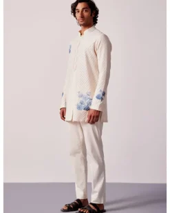 Ivory And Blue Stripe Silk Chanderi Hand-Painted Kurta Set
