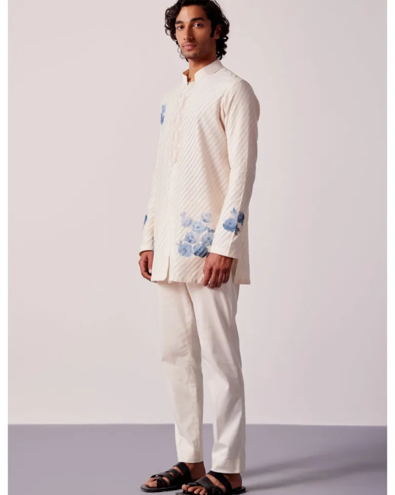 Ivory And Blue Stripe Silk Chanderi Hand-Painted Kurta Set