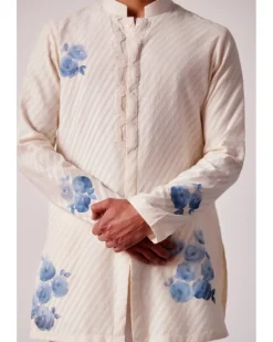 Ivory And Blue Stripe Silk Chanderi Hand-Painted Kurta Set