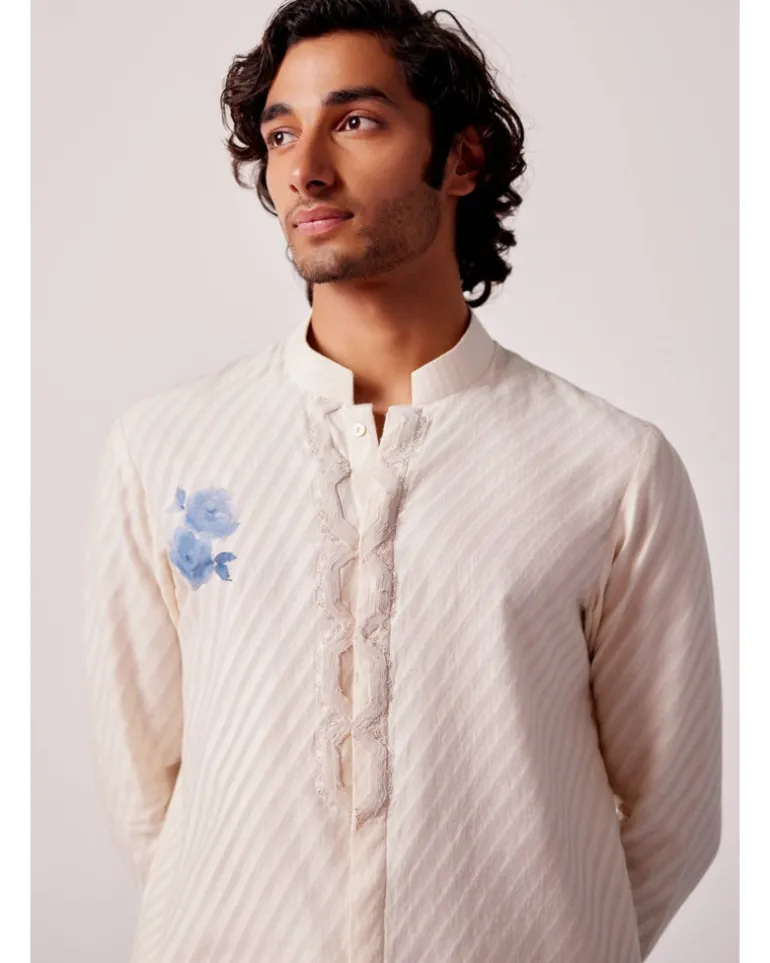 Ivory And Blue Stripe Silk Chanderi Hand-Painted Kurta Set