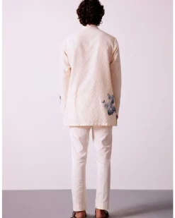 Ivory And Blue Stripe Silk Chanderi Hand-Painted Kurta Set