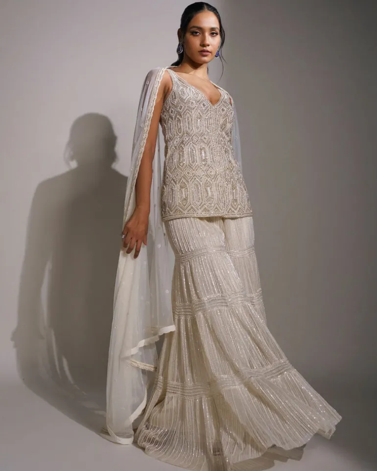 Ivory And Gold Embroidered Sharara Set