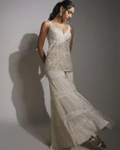 Ivory And Gold Embroidered Sharara Set