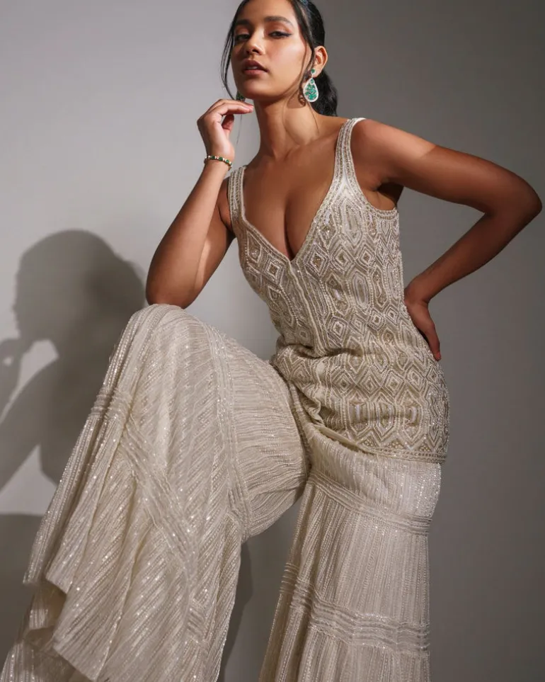 Ivory And Gold Embroidered Sharara Set